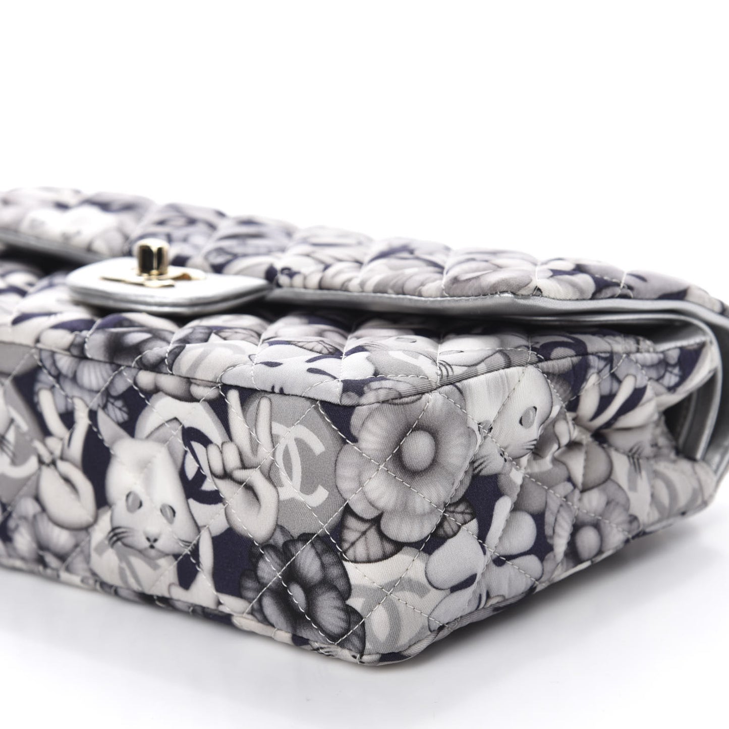 Nylon Quilted Medium Cat Emoticon Double Flap Navy Grey Ecru