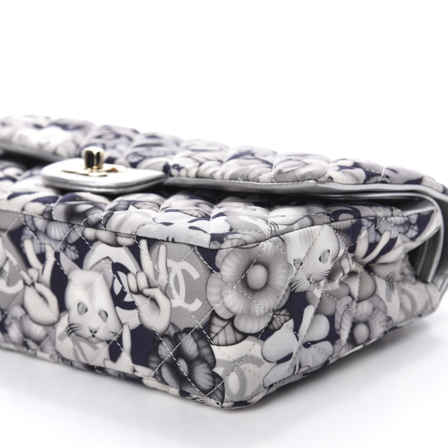 Chanel Nylon Quilted Medium Cat Emoticon Double Flap Navy Grey Ecru 7 of 12