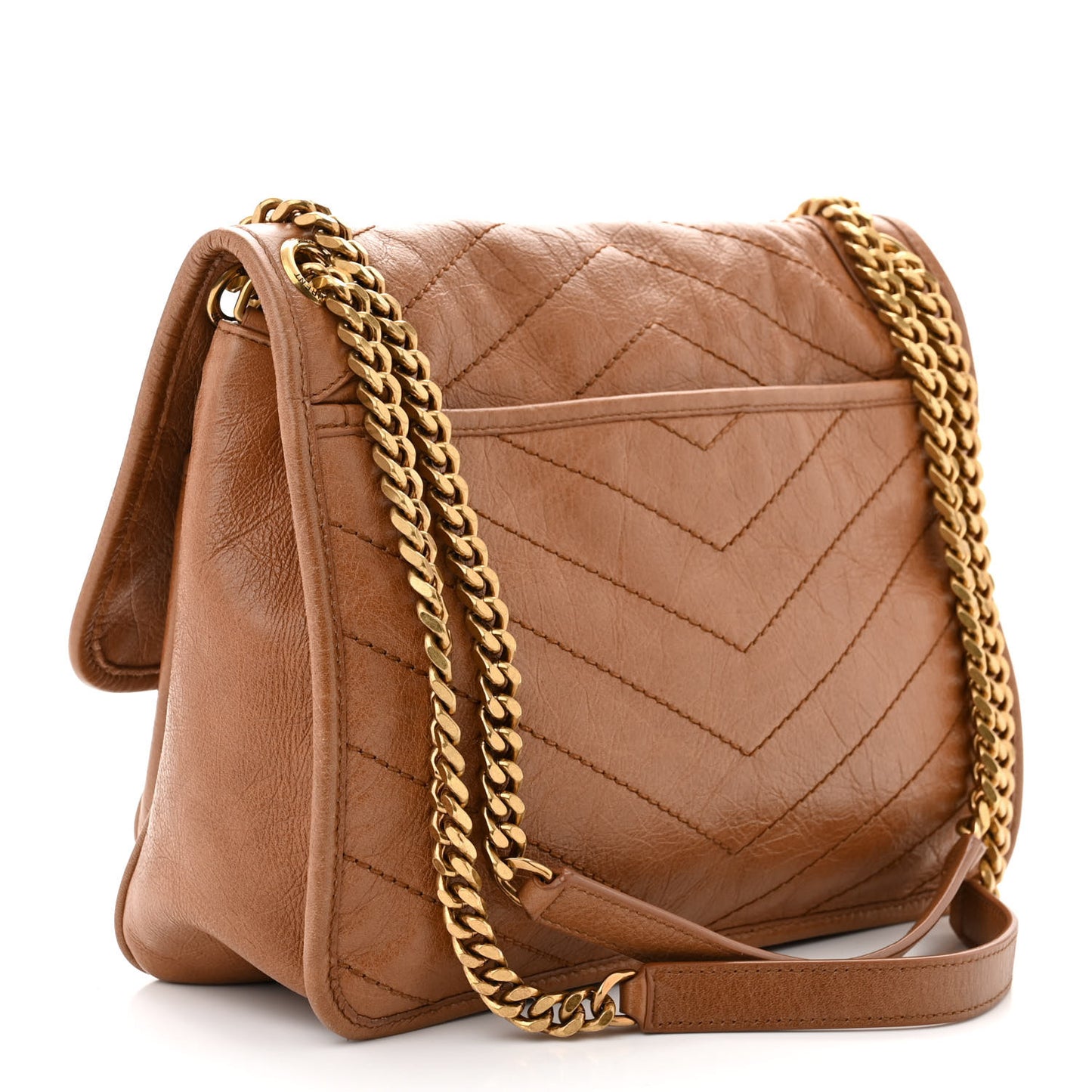 Crinkled Calfskin Matelasse Monogram Medium Niki Chain Satchel Caramel