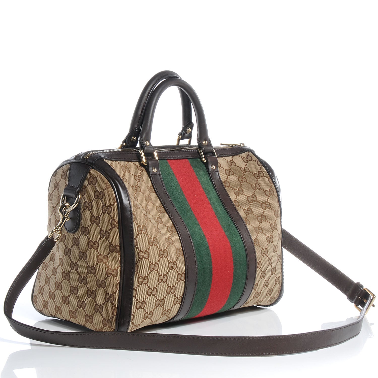Gucci Monogram Selleria Calfskin Vintage Web Medium Boston Beige Ebony Cocoa 3 of 9