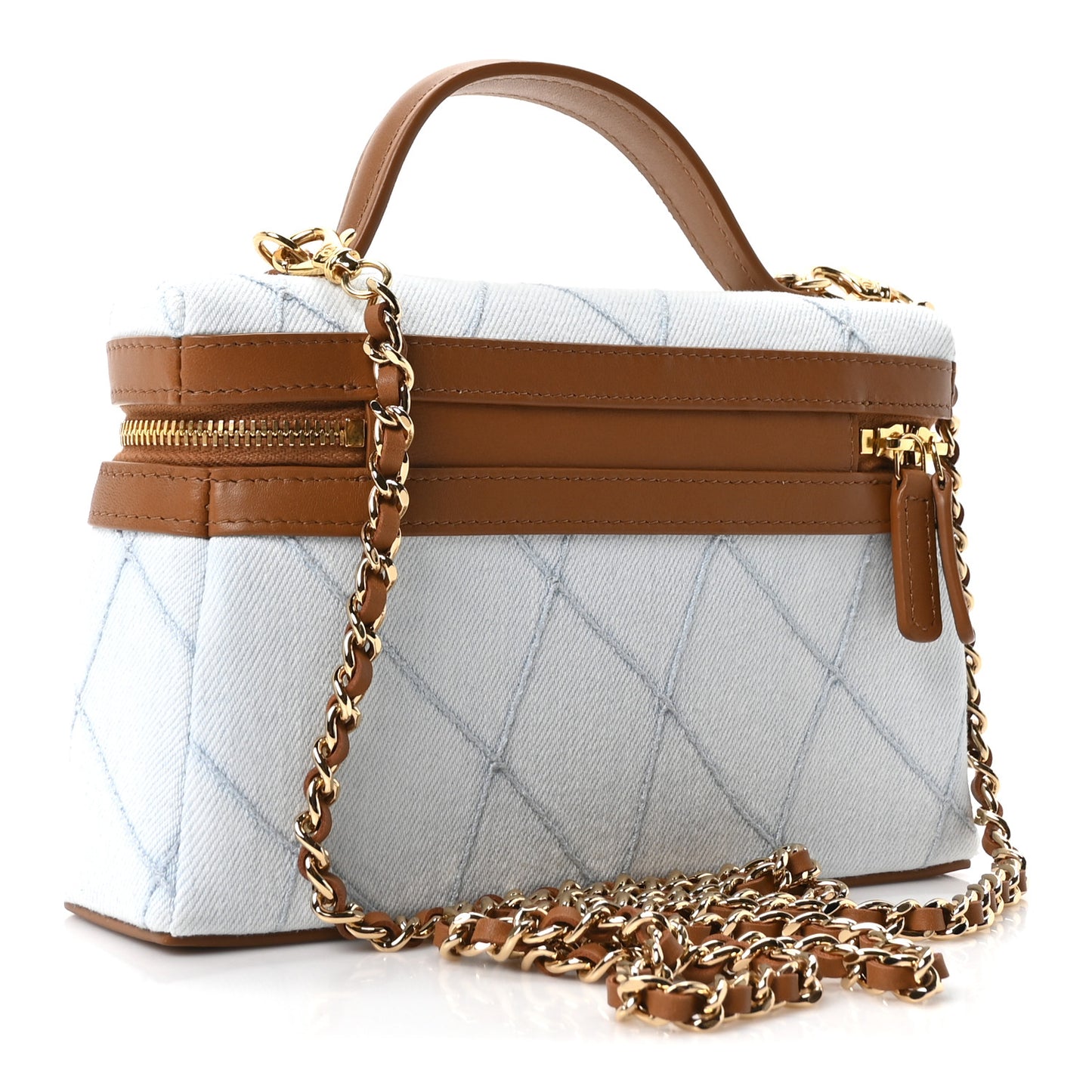 Washed Denim Calfskin Quilted Top Handle Slim Vanity Case With Chain Blue Brown