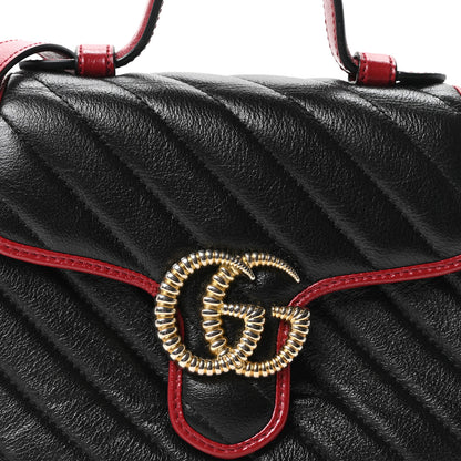 Gucci Vintage Effect Calfskin Matelasse Diagonal Mini Torchon GG Marmont Top Handle Shoulder Bag Black Romantic Cherry 8 of 10