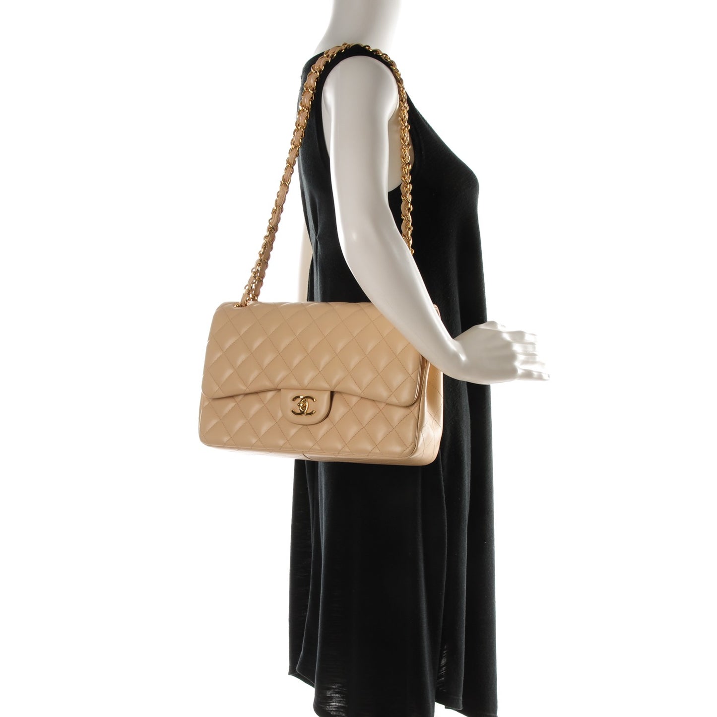 Lambskin Quilted Jumbo Double Flap Beige