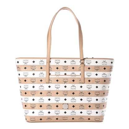 MCM Visetos Striped Medium Anya Shopper Tote White Beige 1 of 10