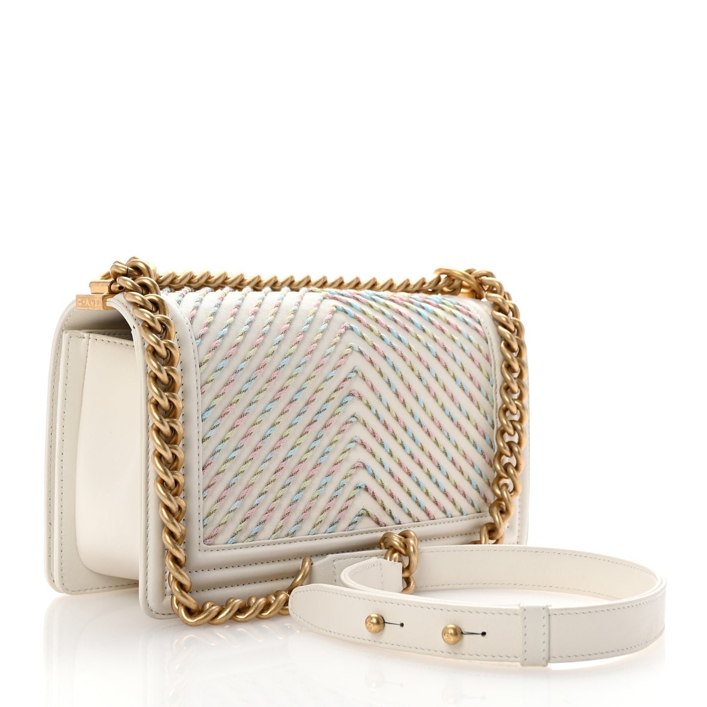 Calfskin Chevron Embroidered Medium Boy By The Sea Flap White