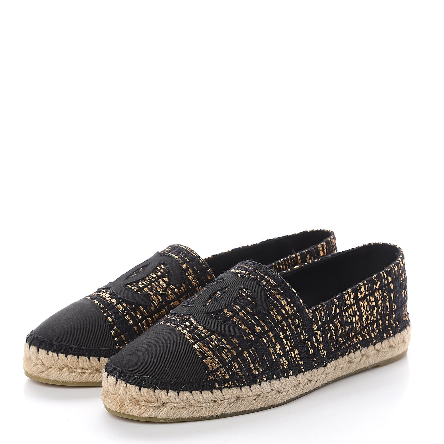 Metallic Tweed Grosgrain CC Espadrilles 40 Black Gold