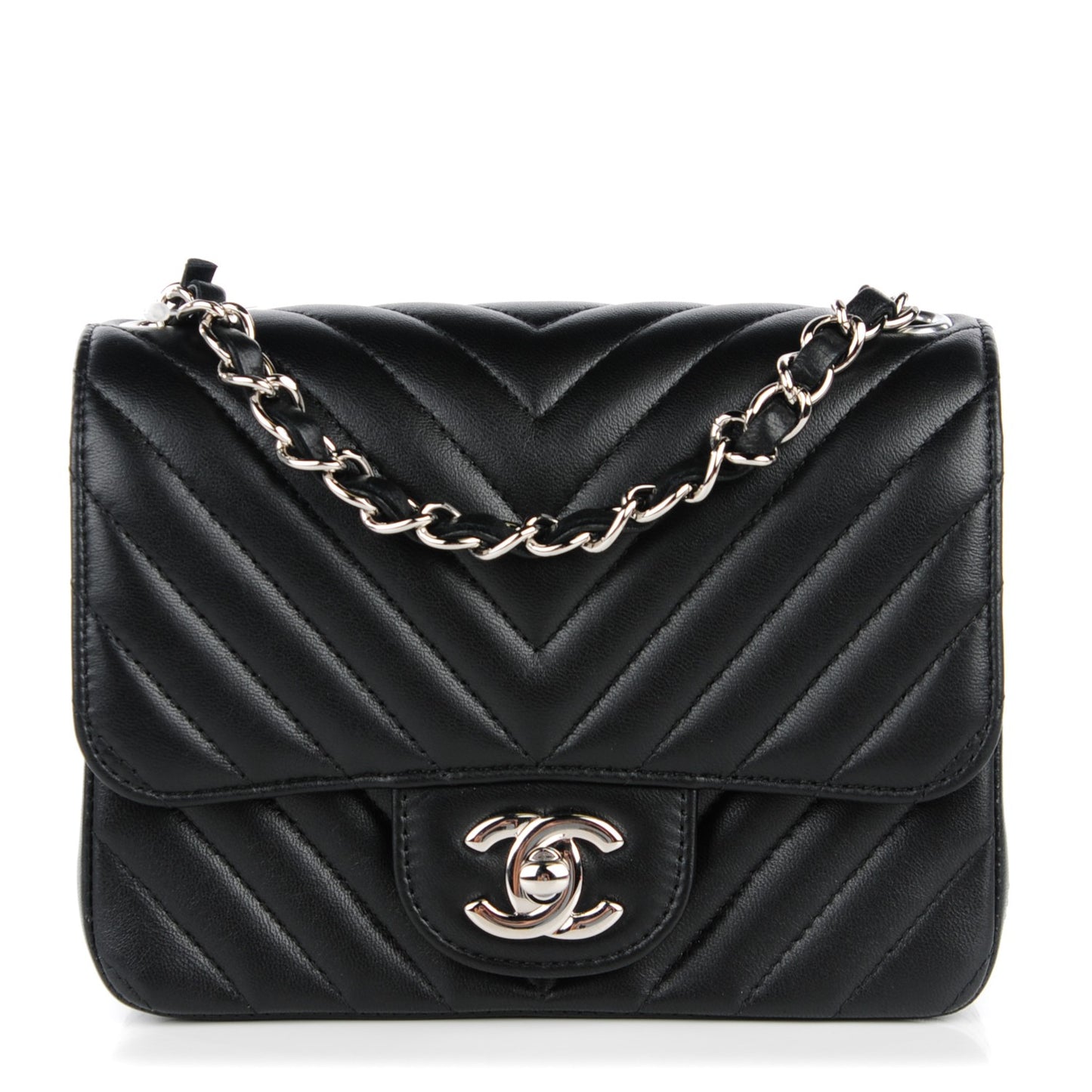 Lambskin Chevron Quilted Mini Square Flap Black