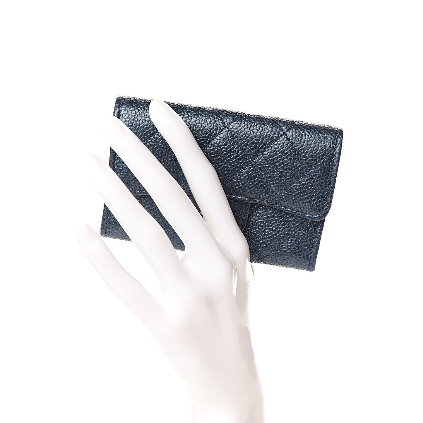 Metallic Caviar Quilted Flap Card Holder Dark Blue