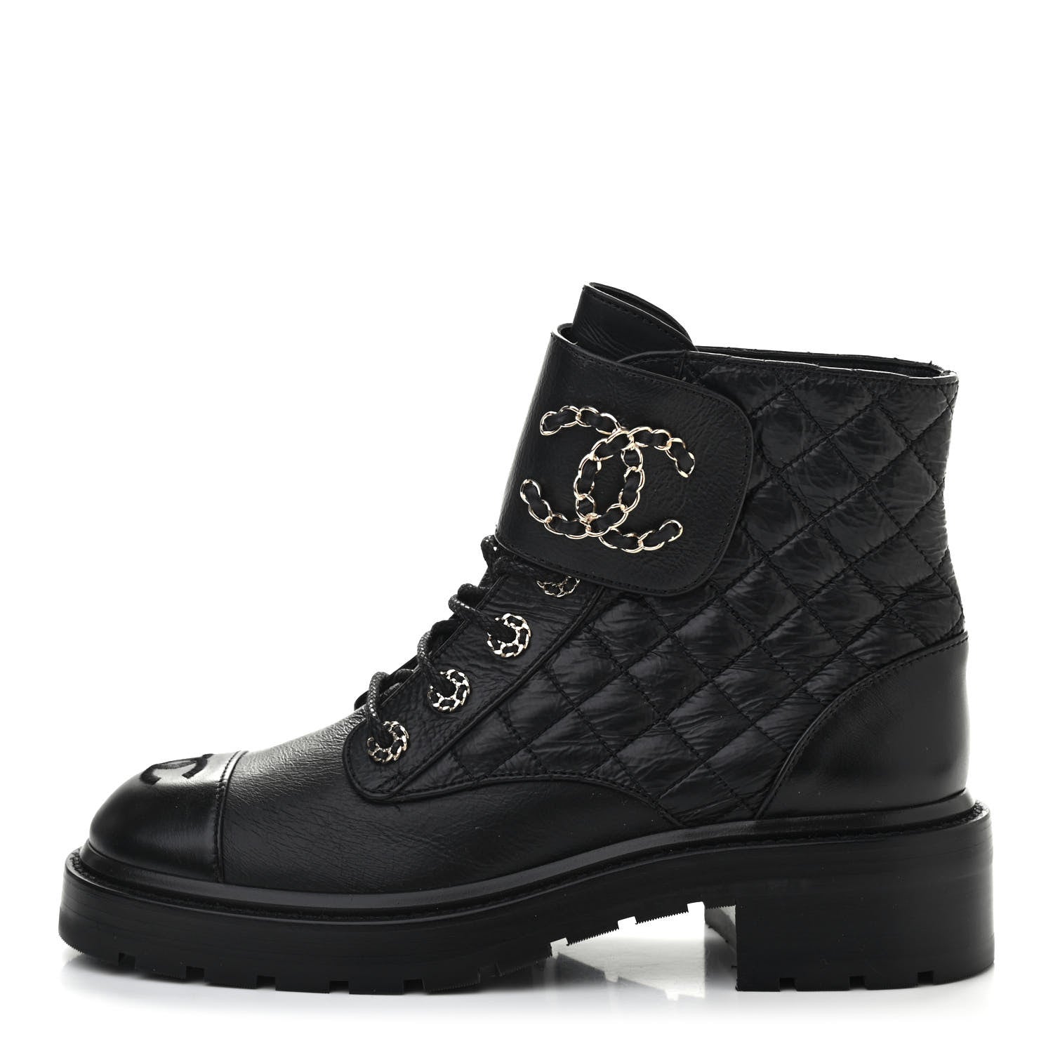 Chanel Shiny Goatskin Calfskin Quilted Lace Up Combat Boots 39 Black 1 of 7
