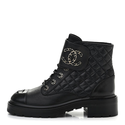 Chanel Shiny Goatskin Calfskin Quilted Lace Up Combat Boots 39 Black 1 of 7