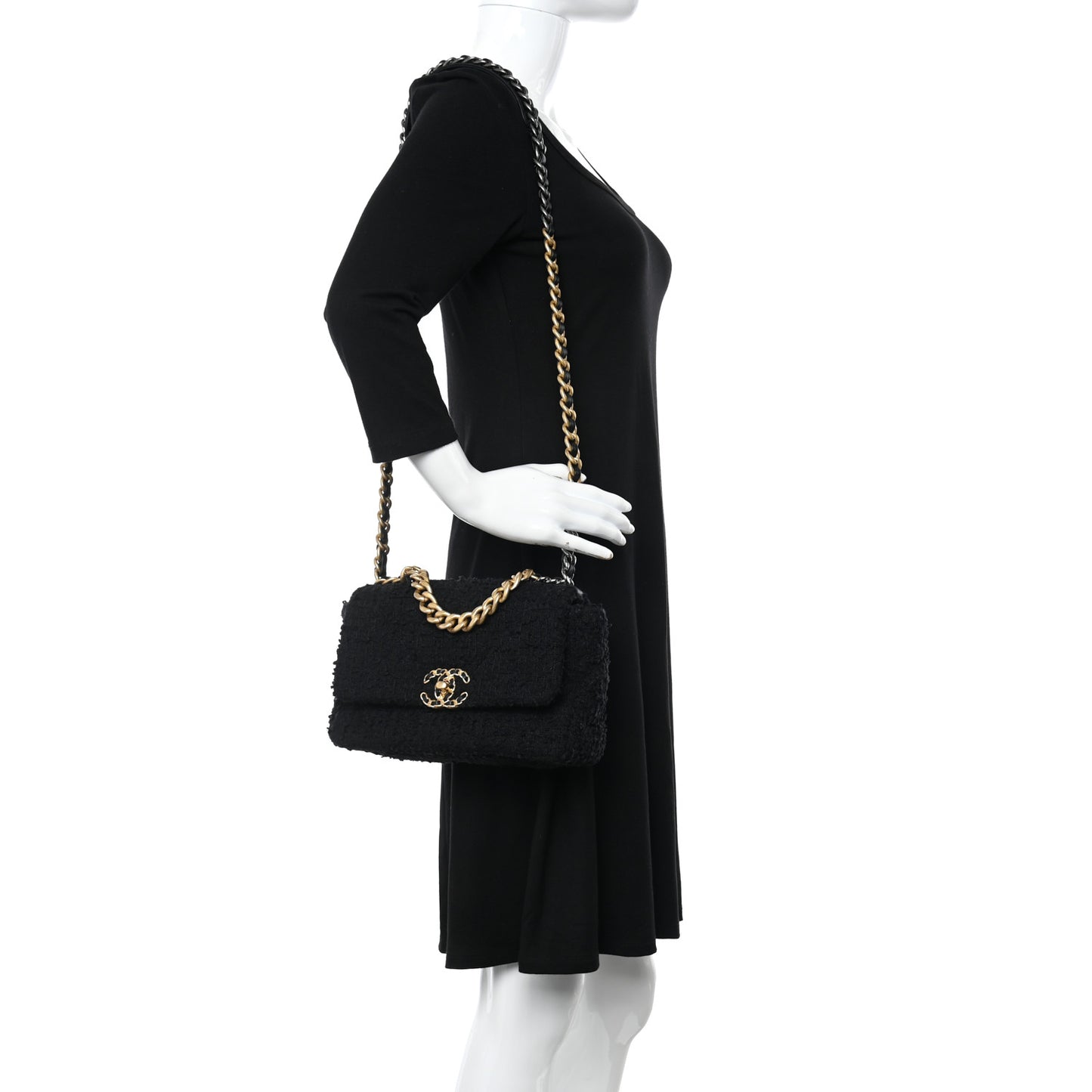 Tweed Quilted Medium Chanel 19 Flap Black