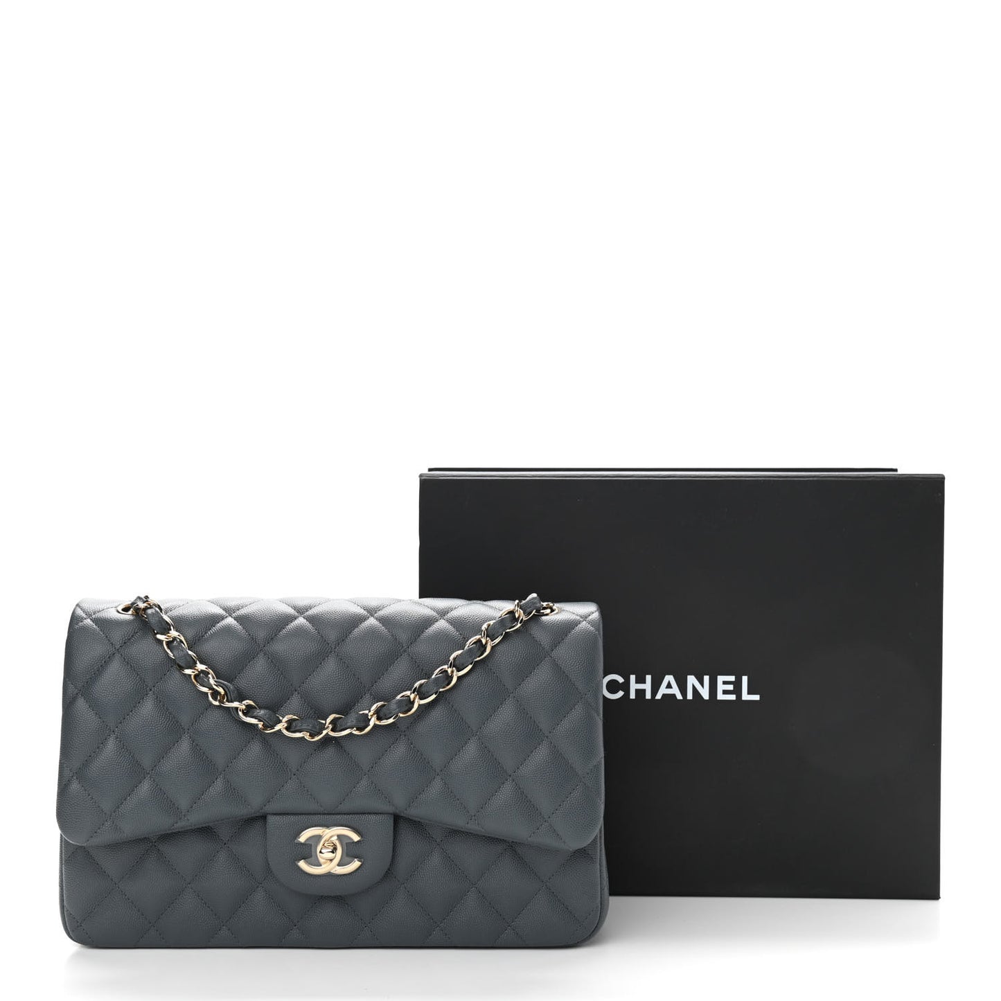 Caviar Quilted Jumbo Double Flap Grey