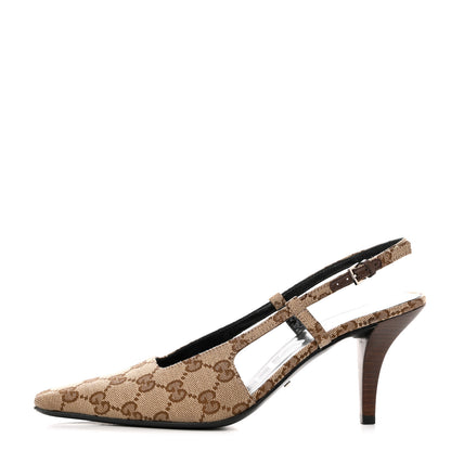 Gucci Monogram Malga Kid Square G 75mm Slingback Pumps 37.5 Beige Ebony New Acero 1 of 7