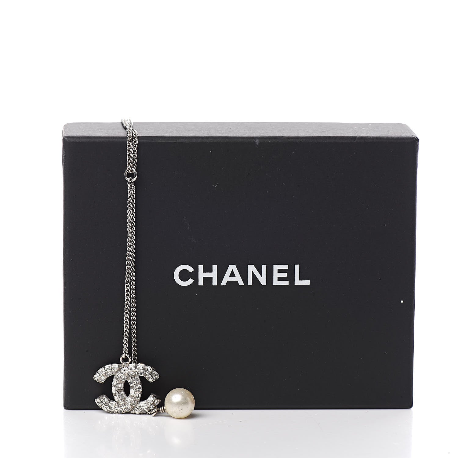 Chanel Baguette Crystal Pearl CC Lariat Necklace Silver 6 of 6