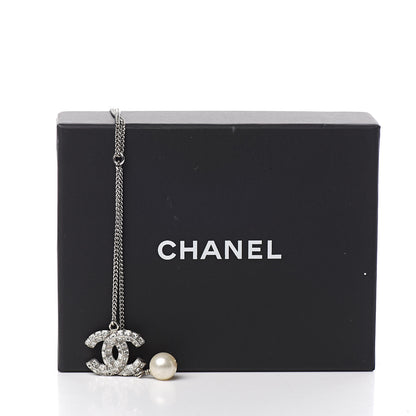 Chanel Baguette Crystal Pearl CC Lariat Necklace Silver 6 of 6