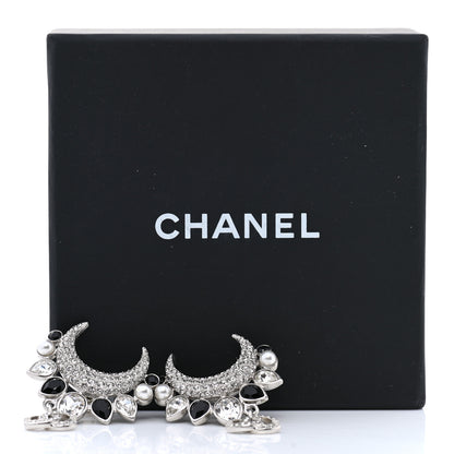 Chanel Pearl Crystal CC Crescent Moon Earrings Silver 5 of 5