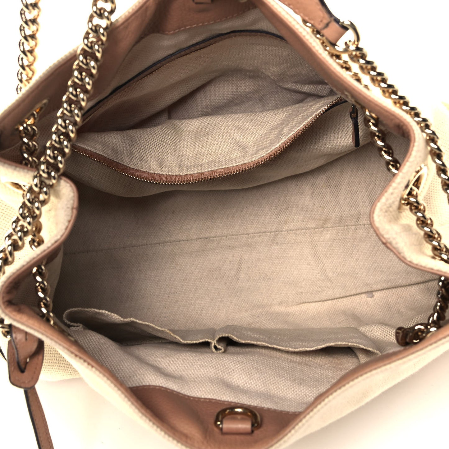 Linen Canvas Pebbled Calfskin Medium Soho Chain Shoulder Bag White Camelia