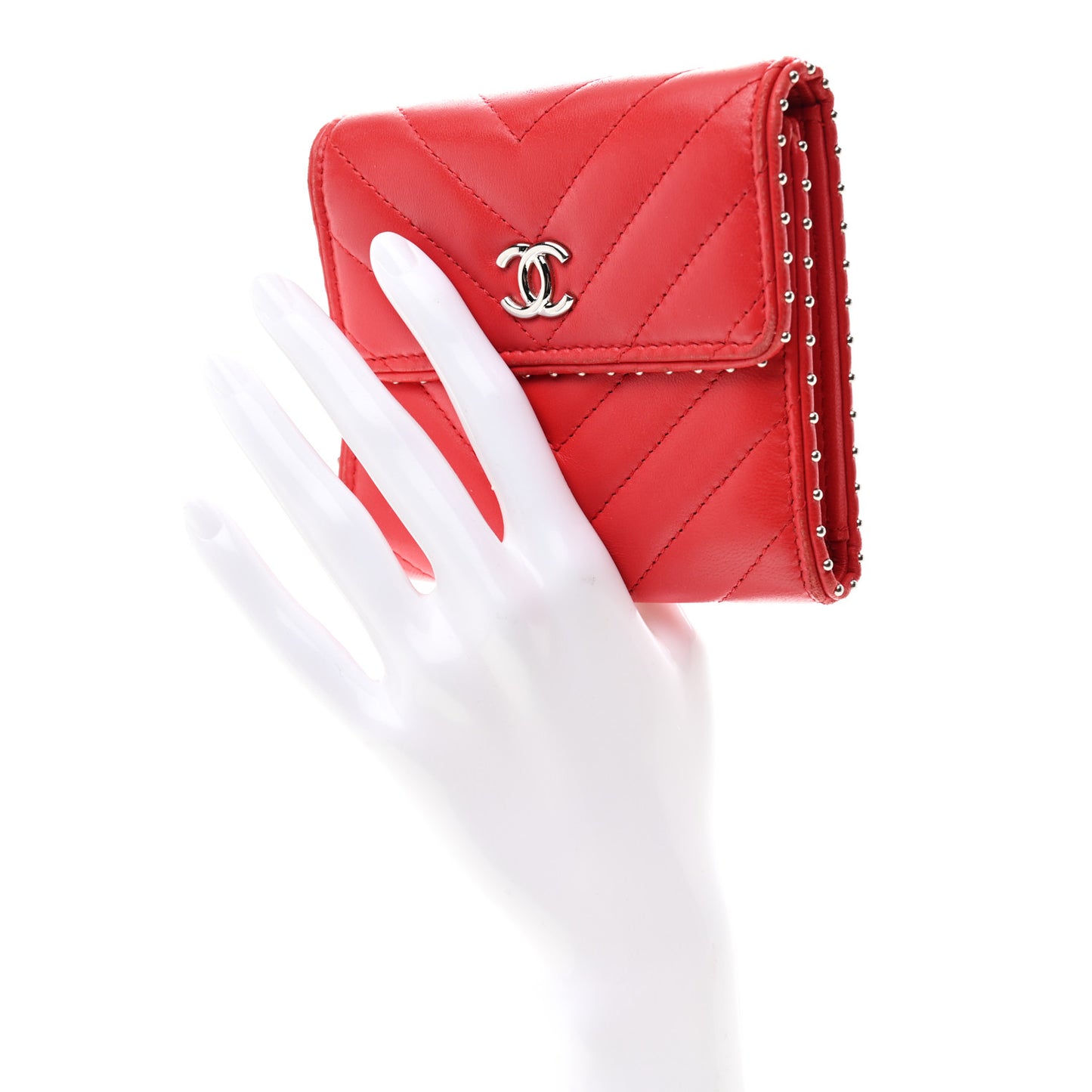 Lambskin Chevron Quilted Studded Compact Flap Wallet Red