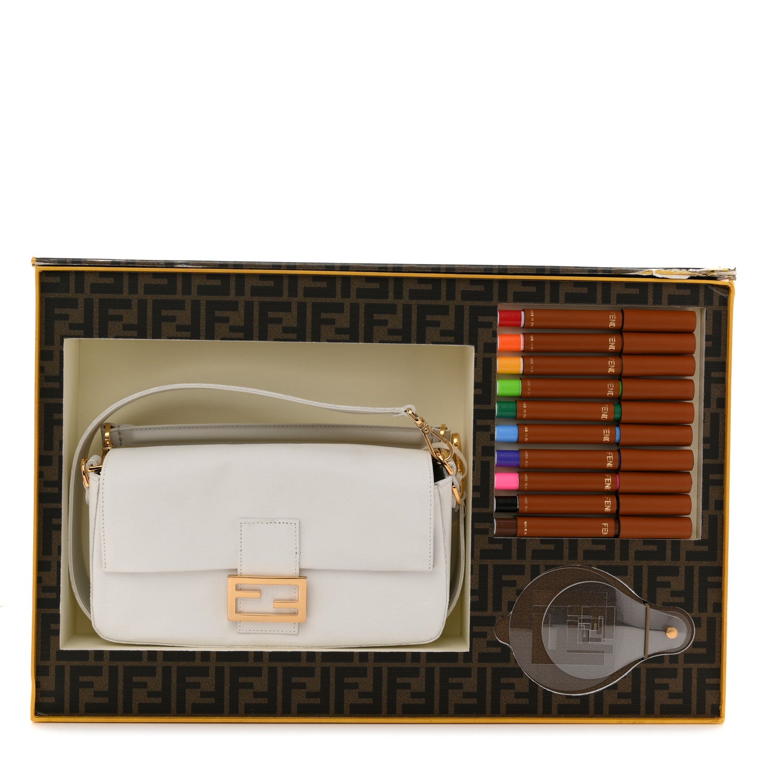 Fendi Linen Canvas Vitello King Painting Baguette With Marker Kit White 24 of 25