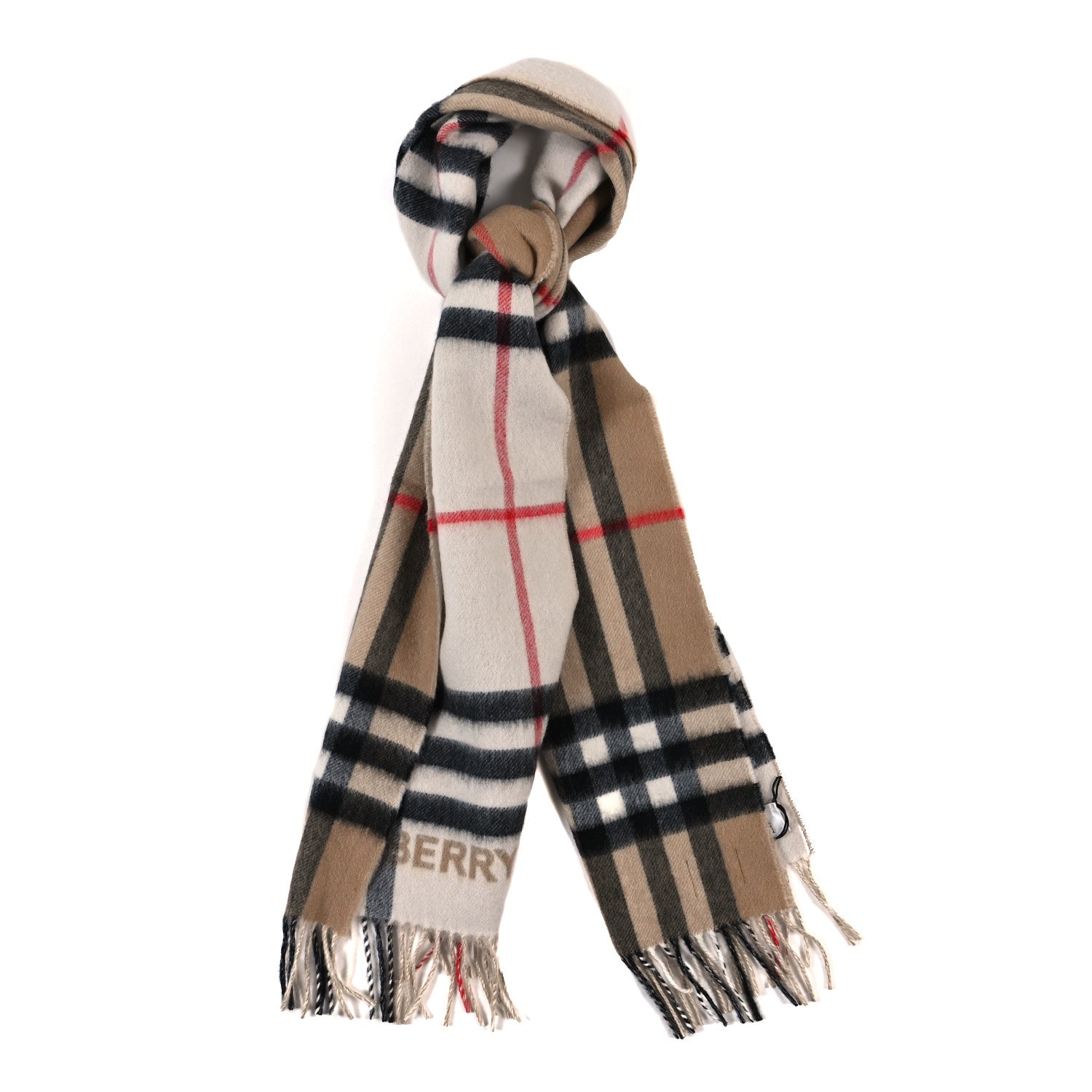 Burberry Cashmere Giant Check Fringe Scarf Archive Beige White 1 of 4