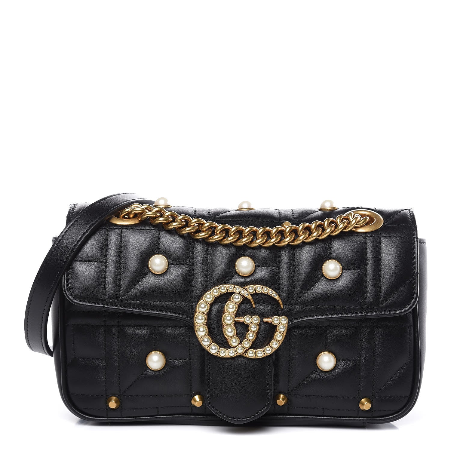 Gucci Calfskin Matelasse Studded Mini Pearly GG Marmont Shoulder Bag Black 1 of 11