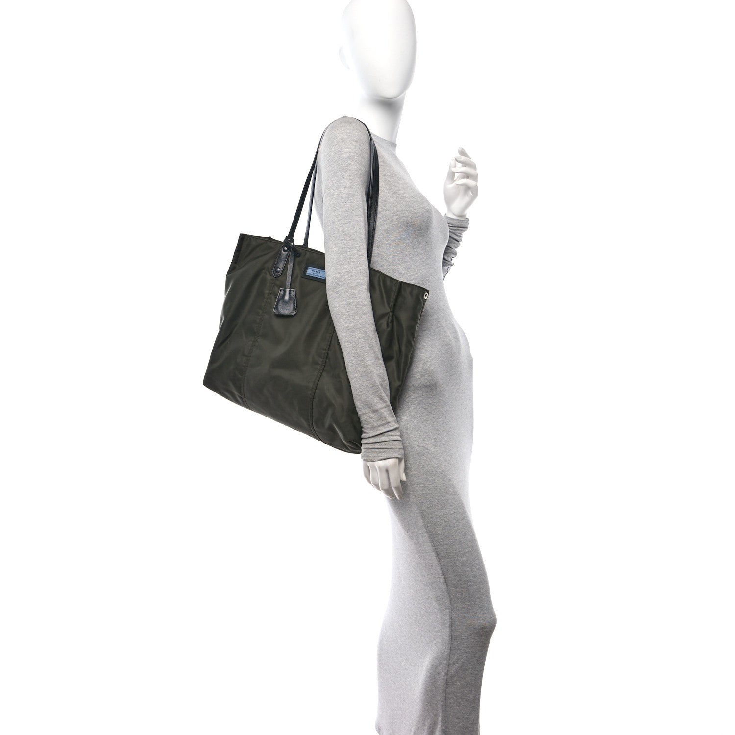 Prada Tessuto Nylon Glace Calfskin Etiquette Tote Militare Black 2 of 9