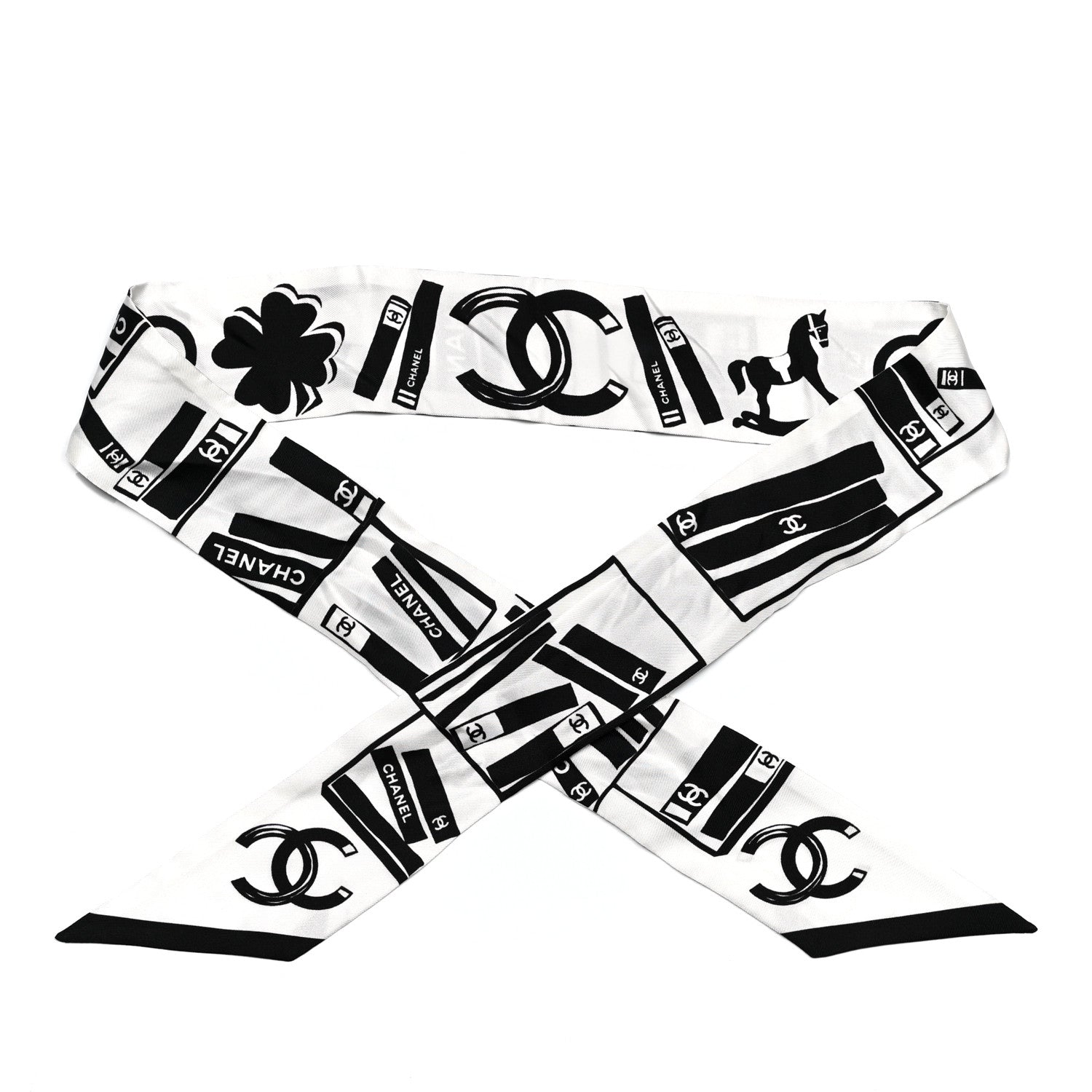 Chanel Silk CC Logo Slim Bandeau Scarf White Black 1 of 3