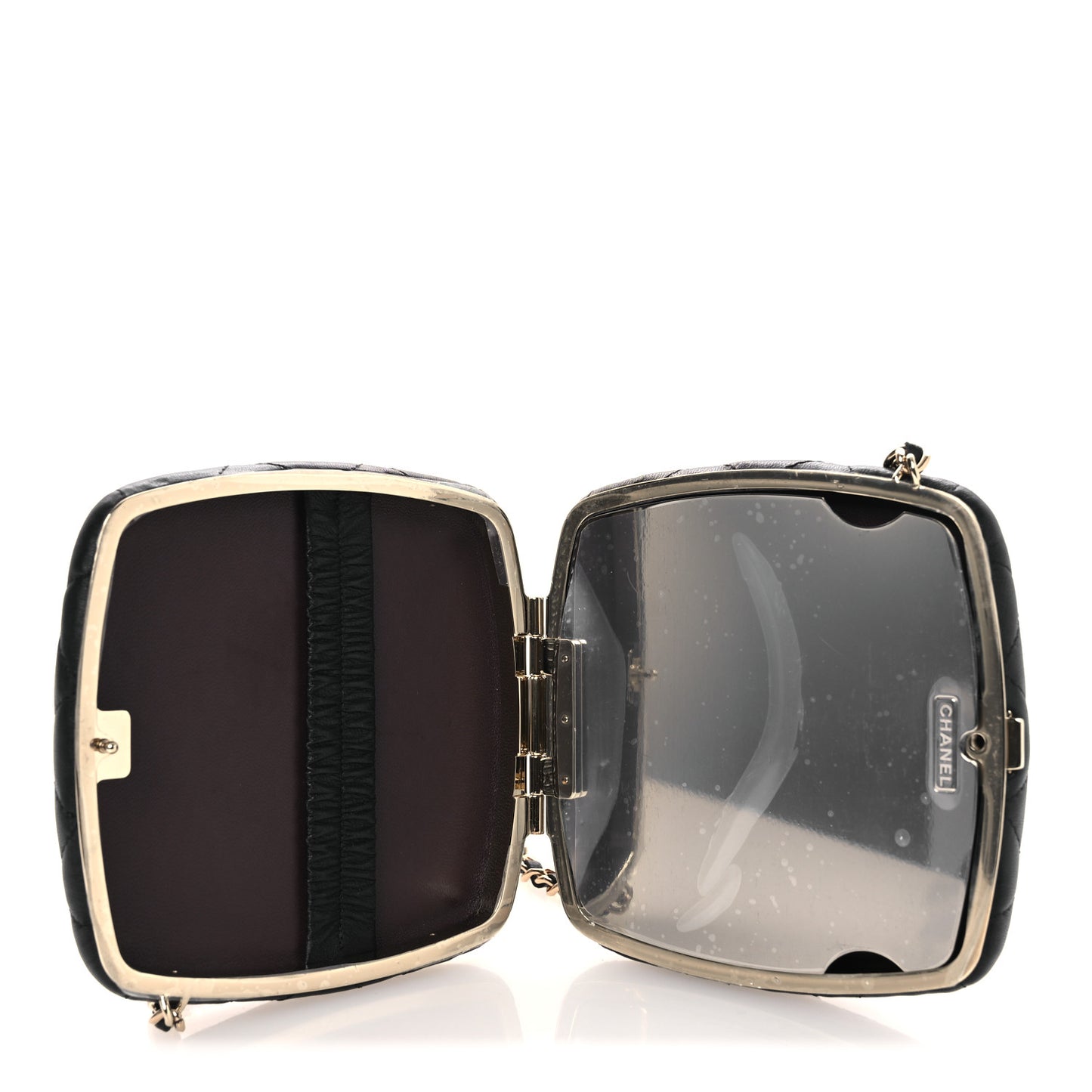 Lambskin Quilted Compact Vanity Case Purse With Chain Black