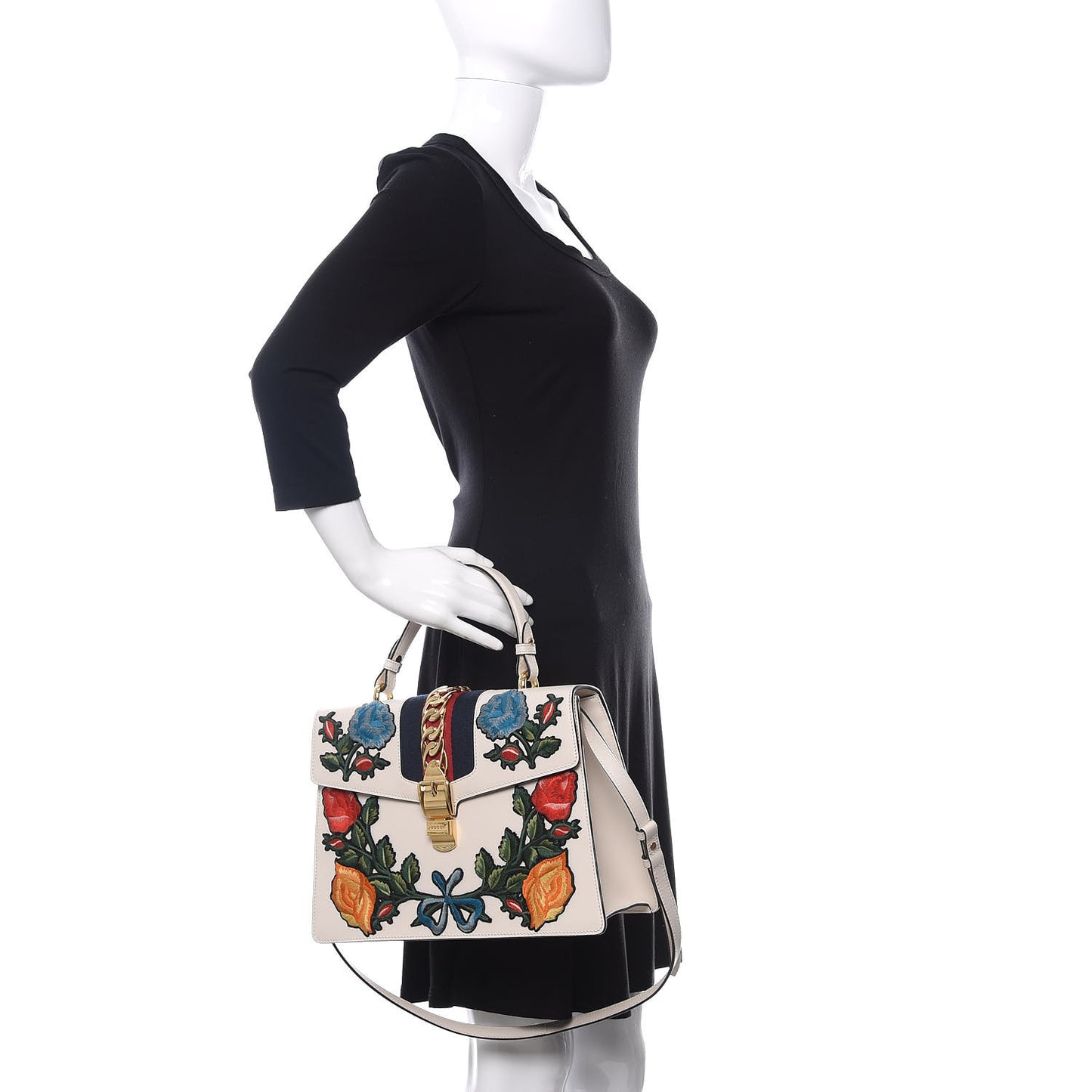 Calfskin Embroidered Medium Sylvie Top Handle Bag White