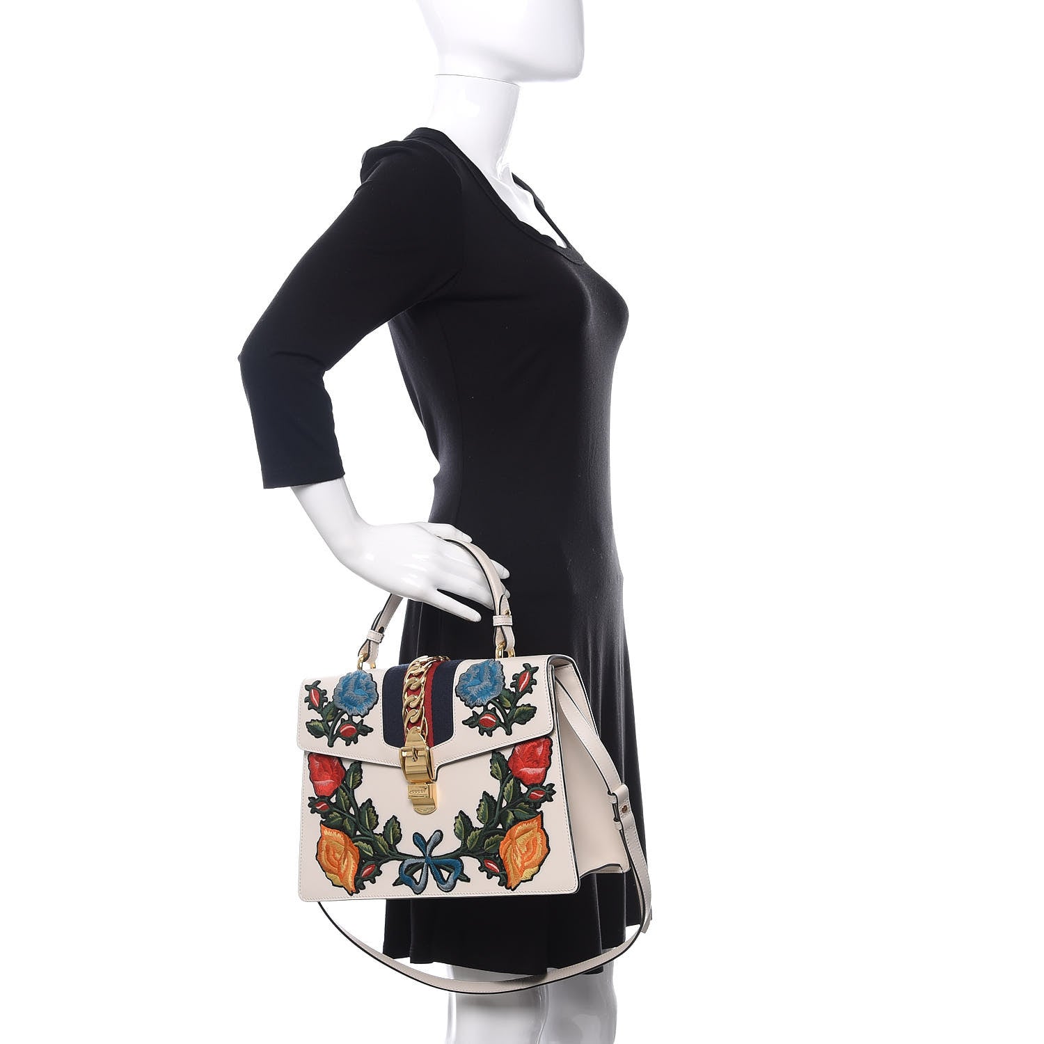 Gucci Calfskin Embroidered Medium Sylvie Top Handle Bag White 3 of 11