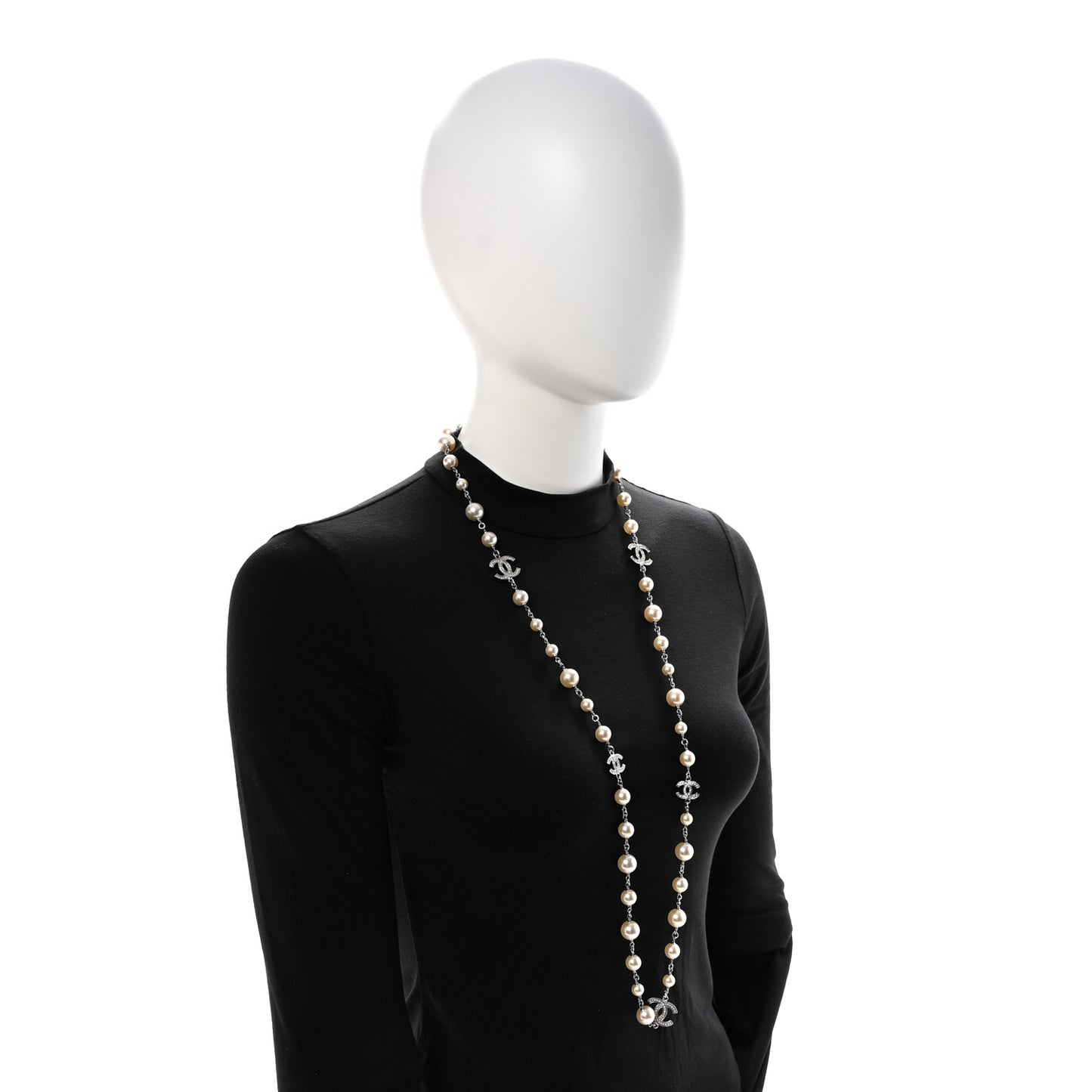 Crystal Pearl CC Long Necklace Silver