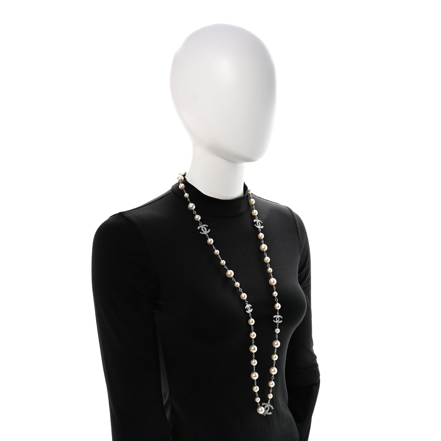 Chanel Crystal Pearl CC Long Necklace Silver 2 of 7