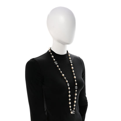 Chanel Crystal Pearl CC Long Necklace Silver 2 of 7