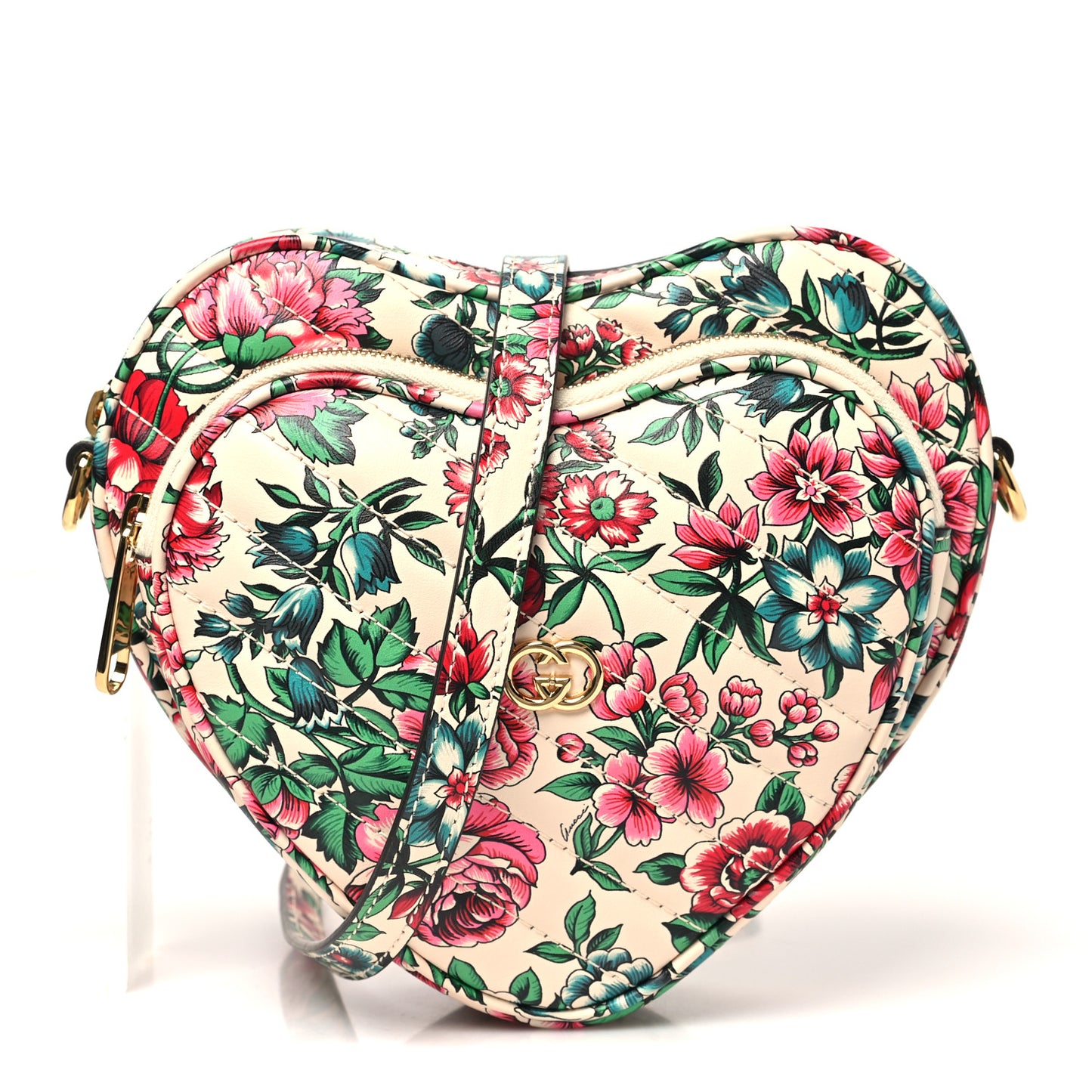 Calfskin Matelasse Diagonal Brit Roses Print Mini Interlocking G Heart Shoulder Bag  White Multicolor