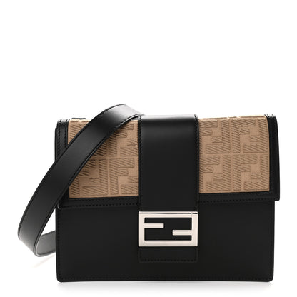 Fendi Canvas Vitello King FF Embroidered Medium Flat Baguette Sand Black 1 of 8