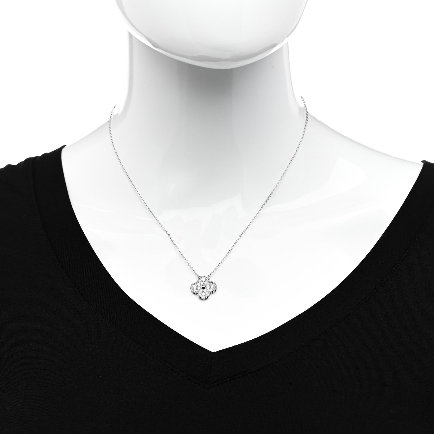 18K White Gold Diamond Vintage Alhambra Pendant Necklace