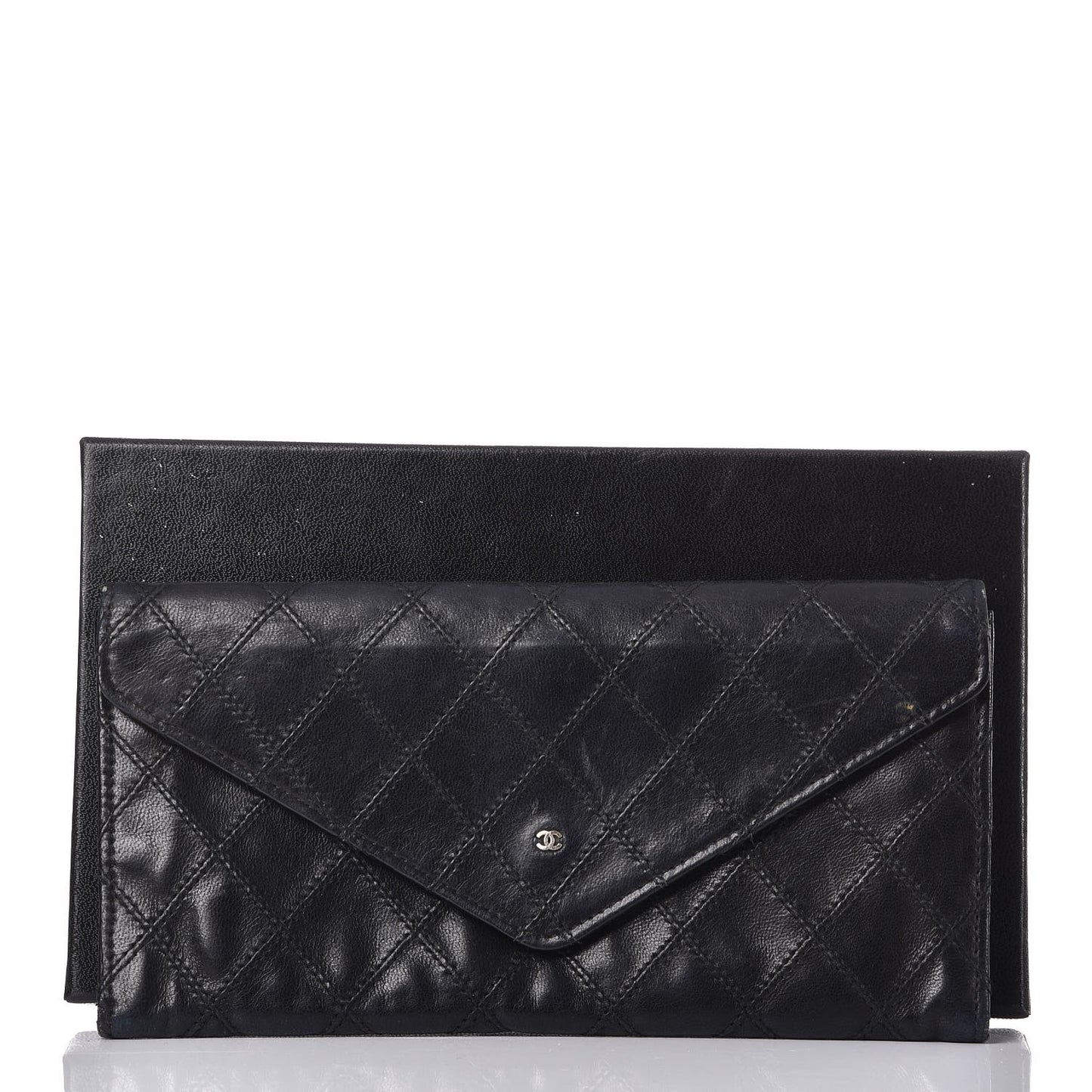 Lambskin Diamond Stitched Envelope Long Flap Wallet Black