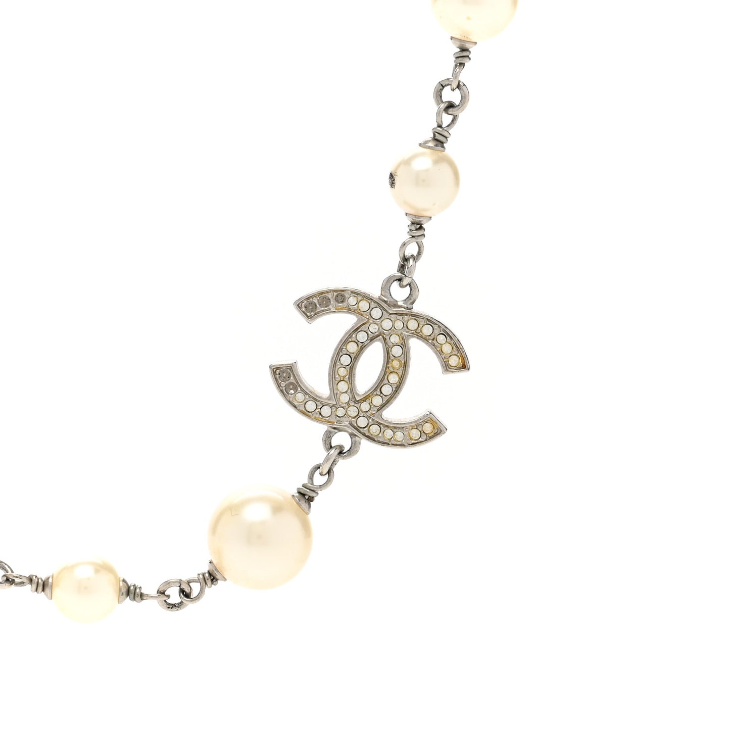 Graduated Pearl Crystal CC Long Necklace Silver