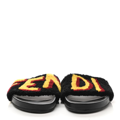 Fendi Shearling Logo Mens Slide Sandals 8 Black Giallo Ribes 2 of 8
