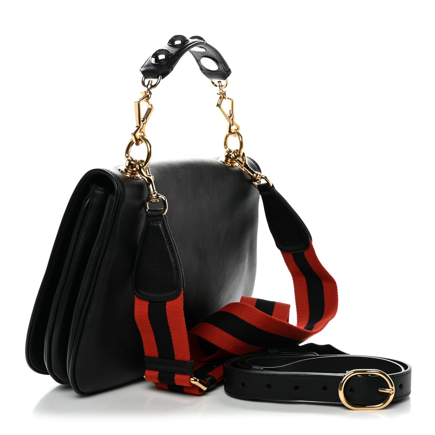 Roxy Calfskin Web Medium Studded Blondie Shoulder Flap Bag Black