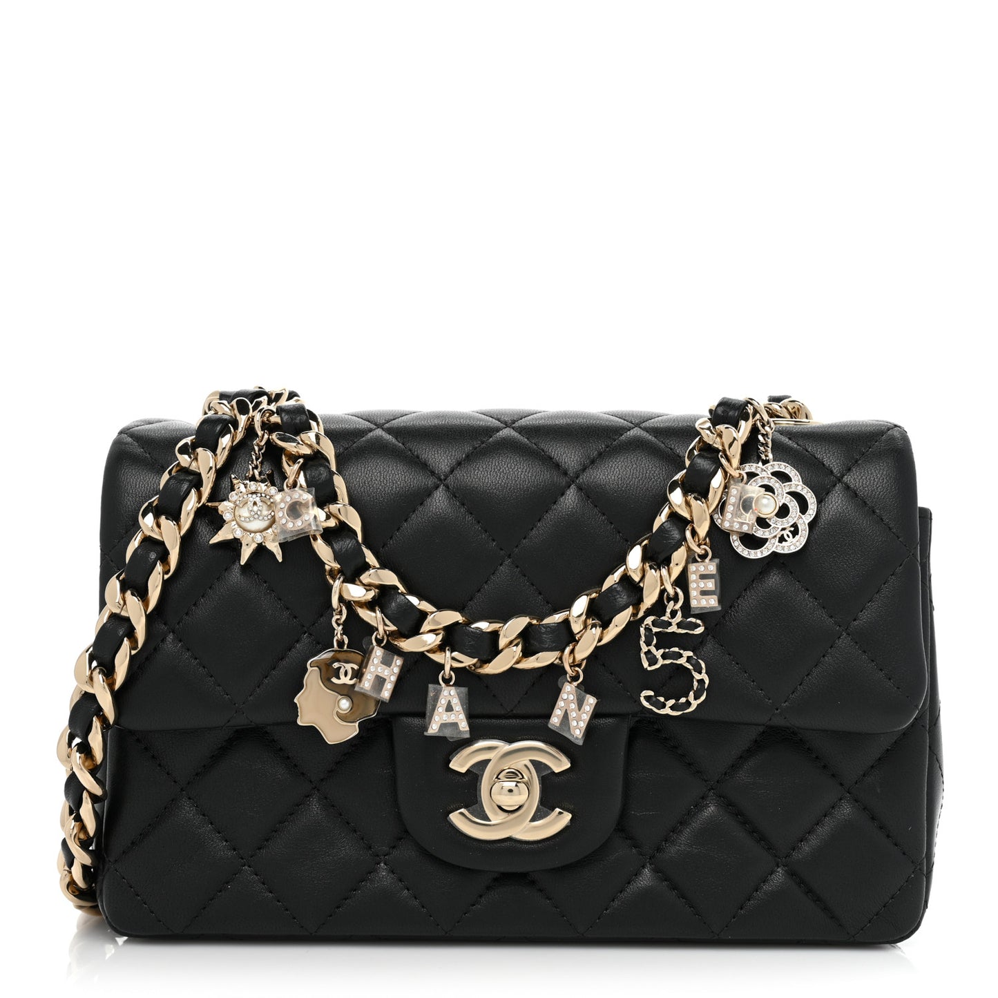 Lambskin Quilted Mini Coco Charms Rectangular Flap Black