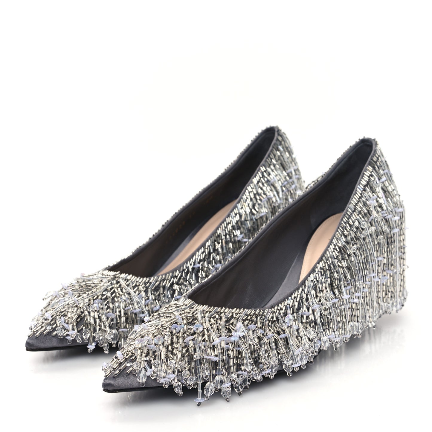 Silk Satin Beaded Fringe Pumps Sweet 39 Grey