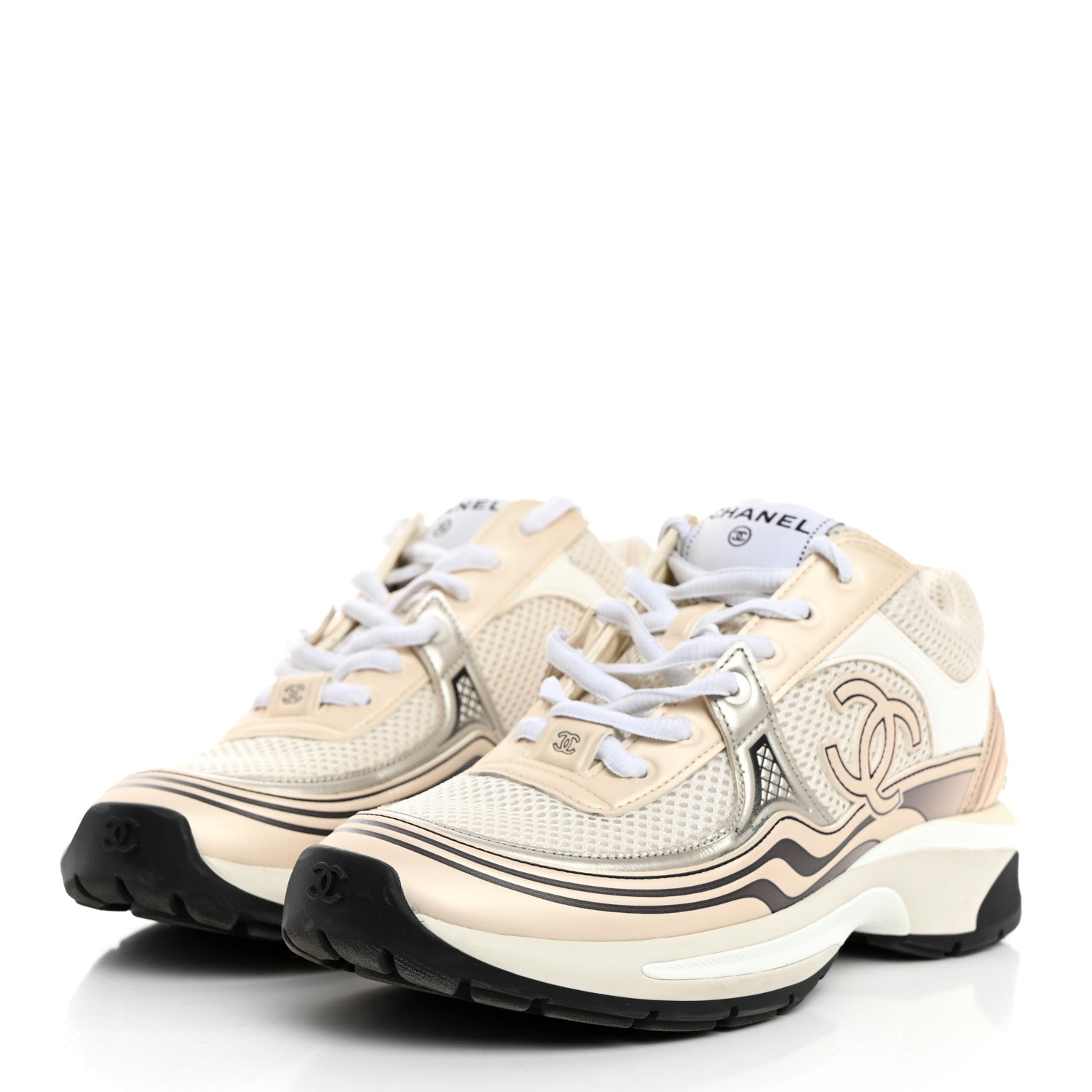 Chanel Fabric Laminated Calfskin Stretch CC Sneakers 38 White Gold Silver 3 of 9