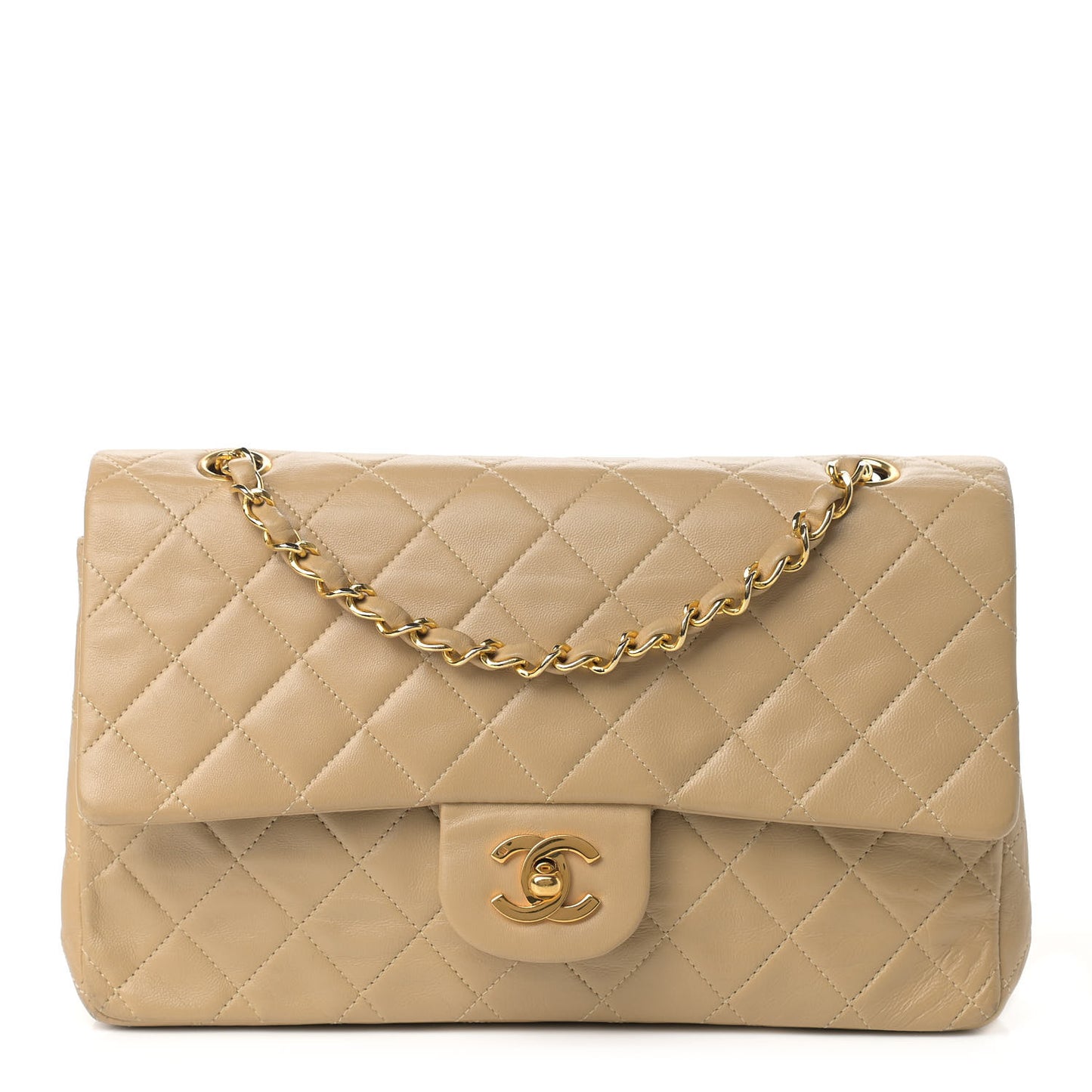 Lambskin Quilted Medium Double Flap Beige