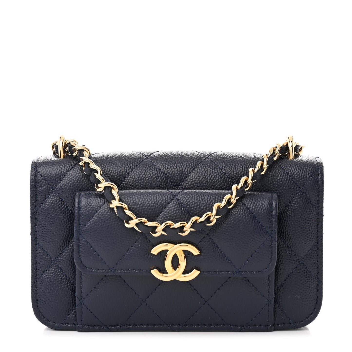 Caviar Quilted Pocket Twins Clutch With Chain Navy Blue