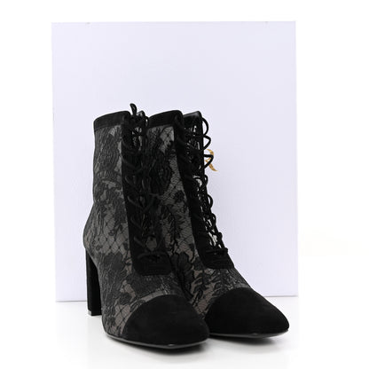 Christian Dior Suede Transparent Mesh Embroidered Roses Naughtily-D Heeled Lace Up Ankle Boots 39 Black 10 of 10
