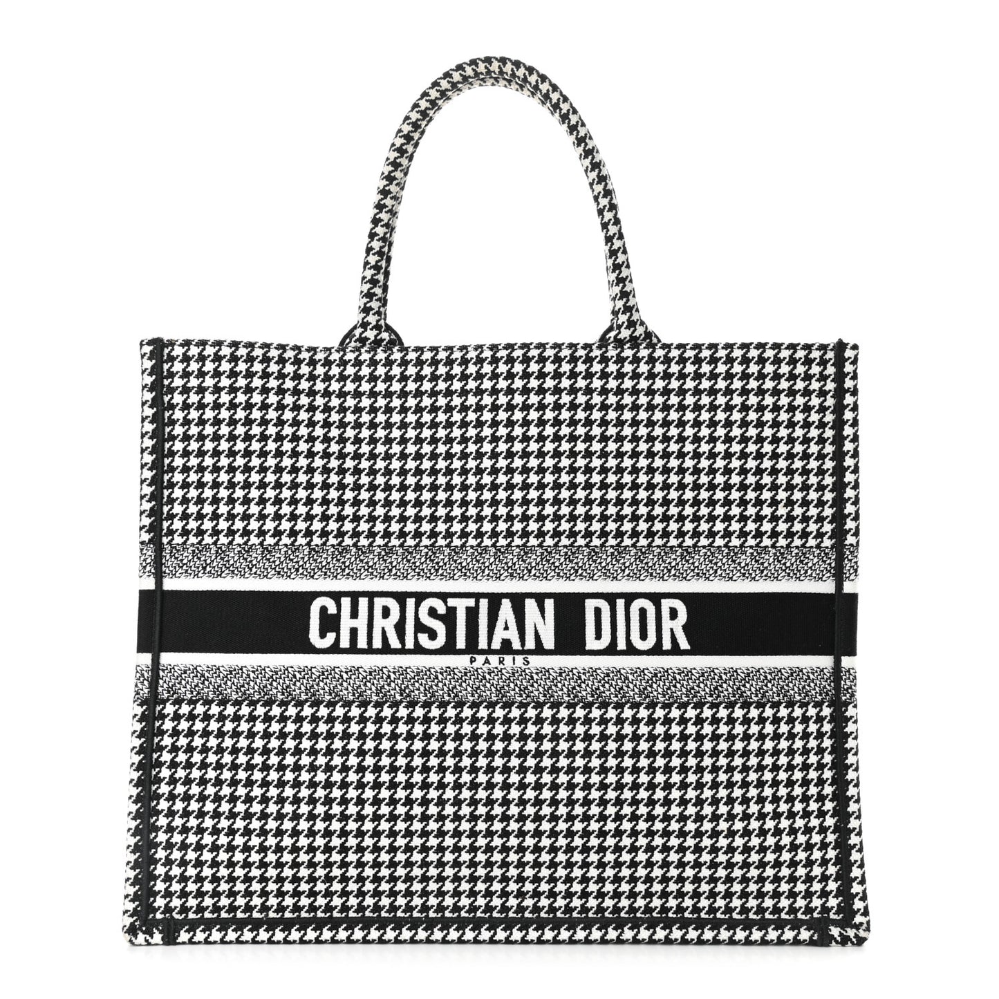 Canvas Houndstooth Embroidered Book Tote Black White