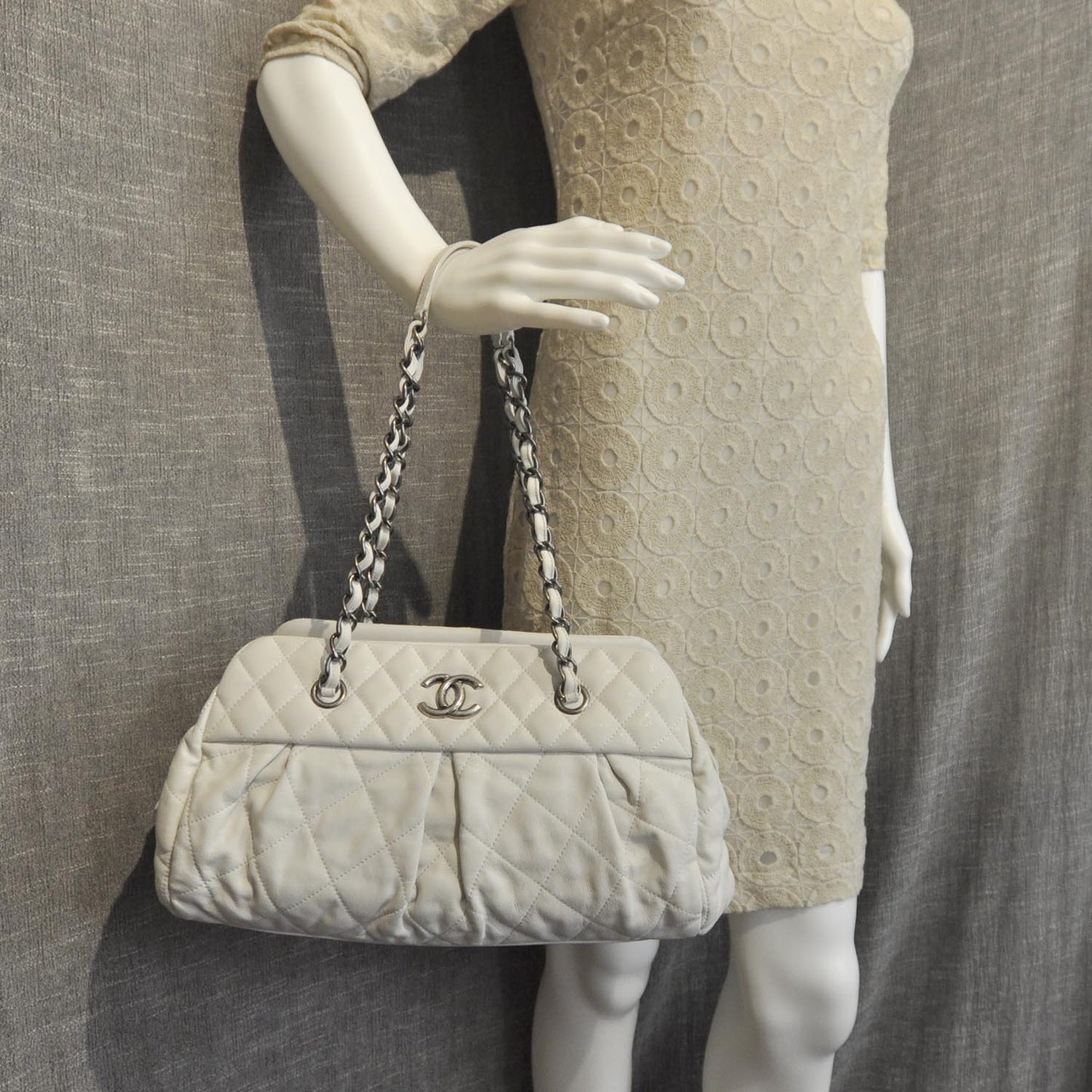 Iridescent Calfskin Chic Quilt Bowling Bag White