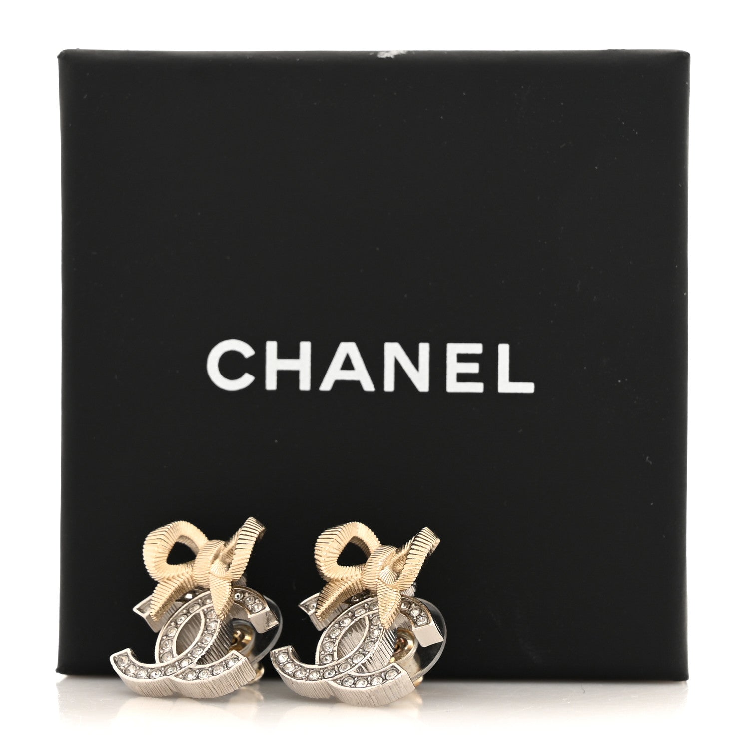 Chanel Crystal CC Bow Earrings Silver Gold 5 of 5