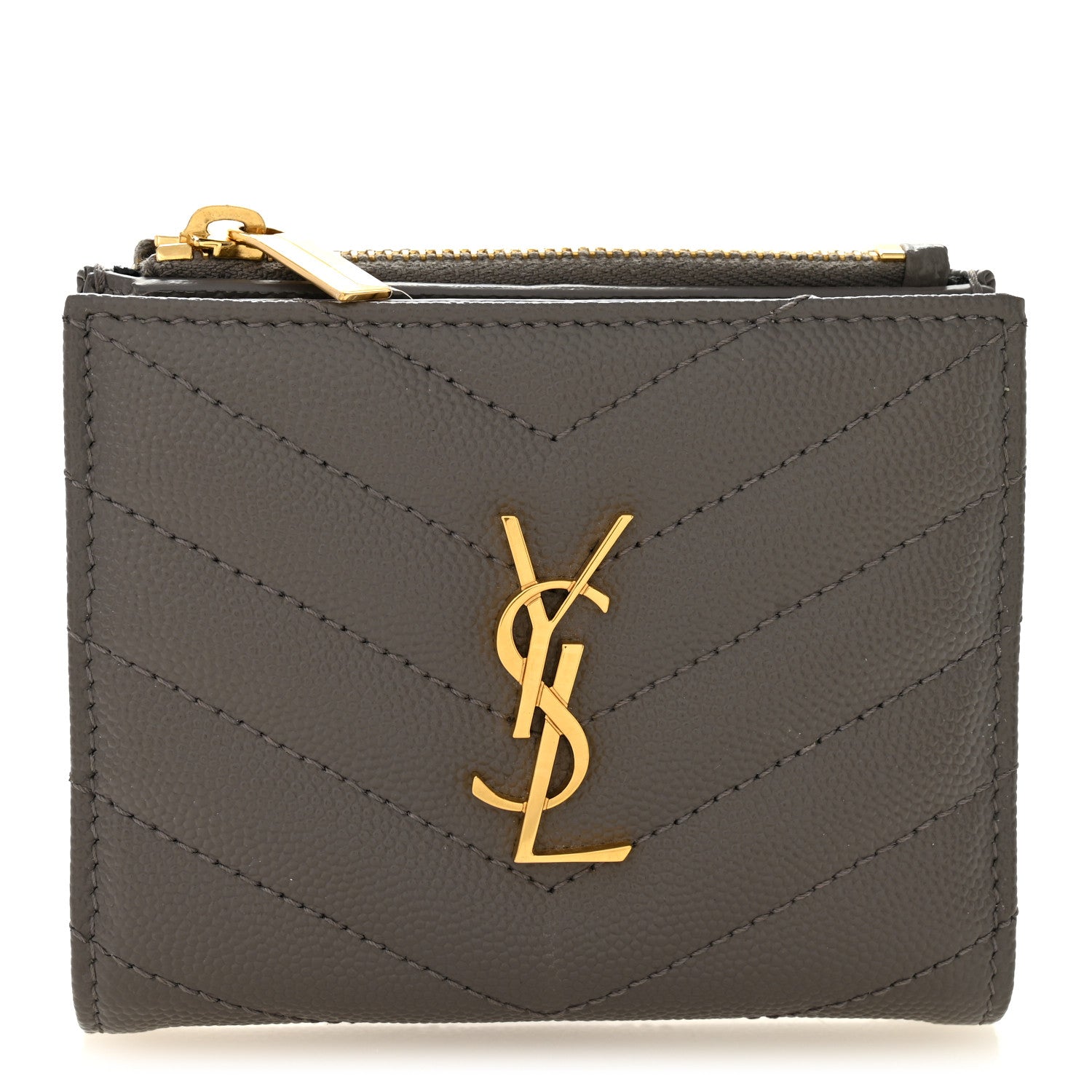 Saint Laurent Grain De Poudre Matelasse Chevron Monogram Zipped Card Case Tech Fog 1 of 7